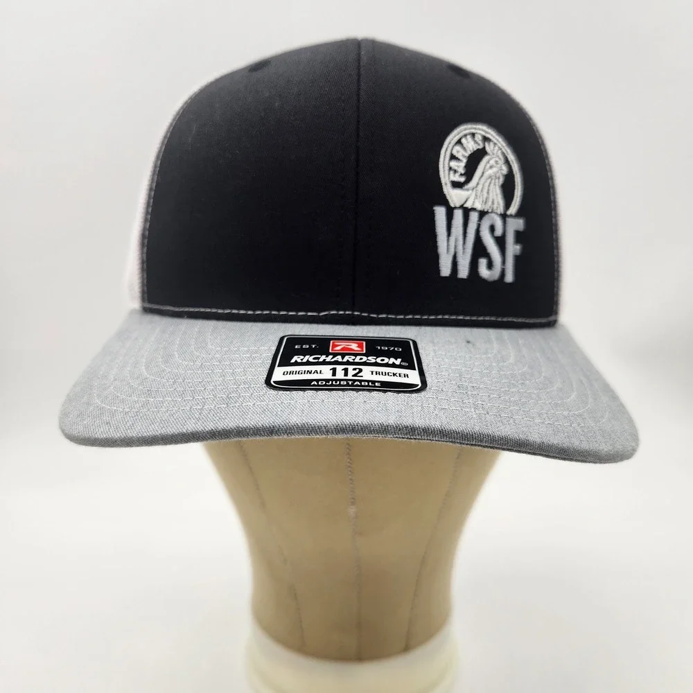 Richardson 112 Trucker Hat Black Grey WSF Farms Rooster Logo Snapback Cap